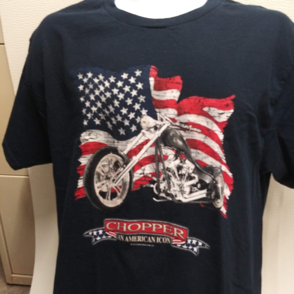 Lg. Chopper Bike Tshirt Blue Novelty American Flag